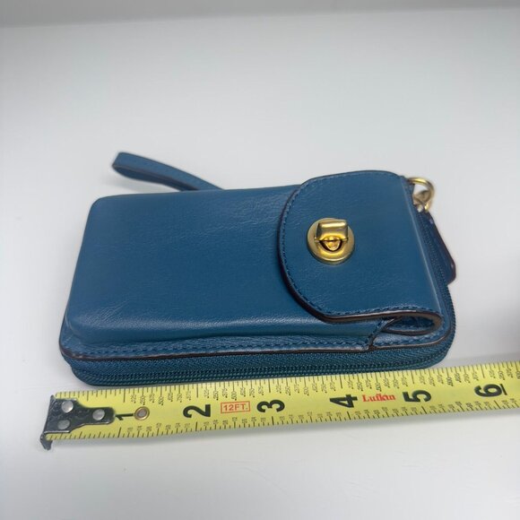 Coach Campbell Universal Zip Around Leather Turn Lock Wristlet Wallet Blue - Picture 7 of 16